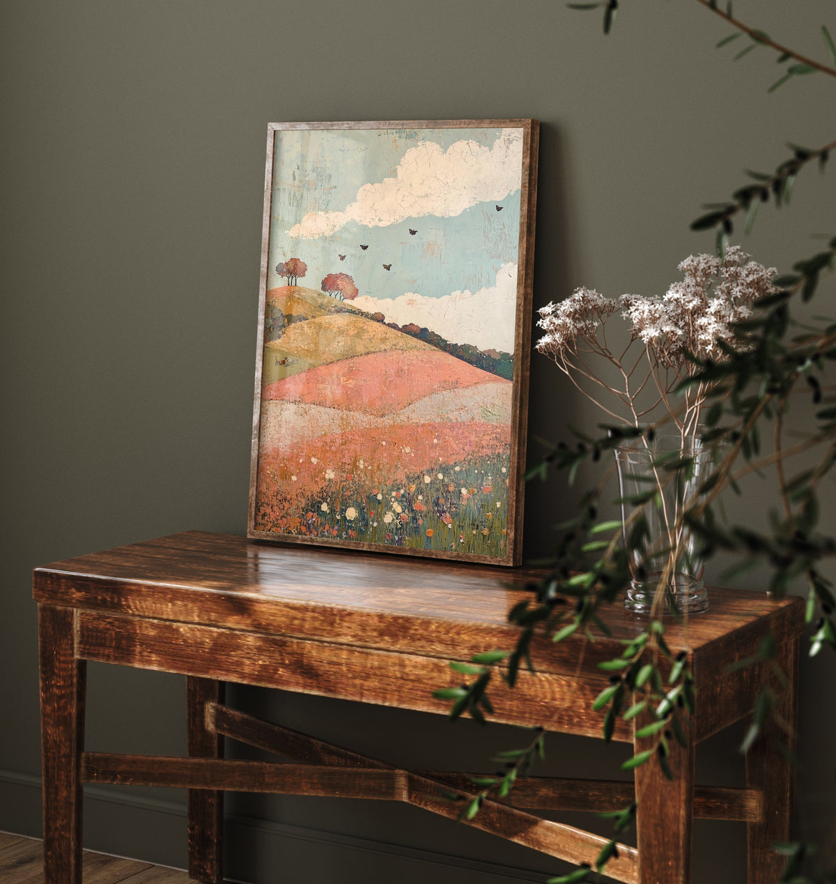 Rolling Hills Landscape Art Print - Butterfly Meadow Poster - Folk Art Painting - Moss Plum and Blush 1/3