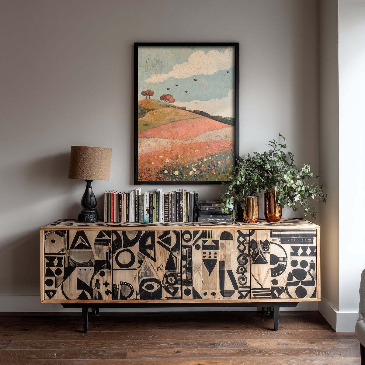 Rolling Hills Landscape Art Print - Butterfly Meadow Poster - Folk Art Painting - Moss Plum and Blush 1/3