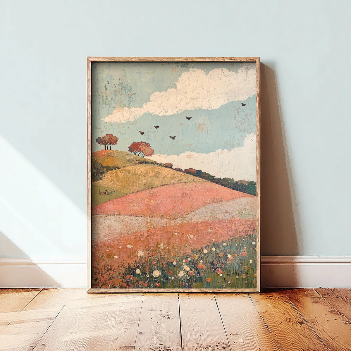 Rolling Hills Landscape Art Print - Butterfly Meadow Poster - Folk Art Painting - Moss Plum and Blush 1/3