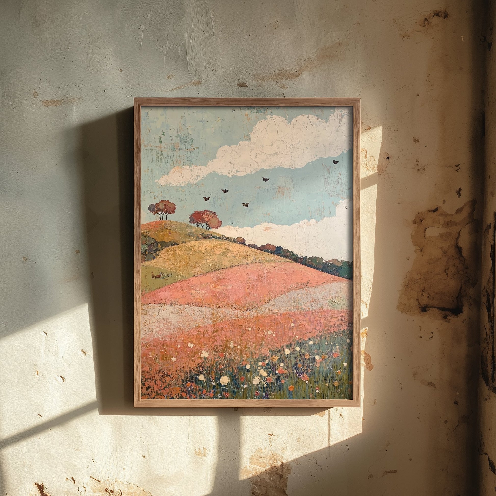 Rolling Hills Landscape Art Print - Butterfly Meadow Poster - Folk Art Painting - Moss Plum and Blush 1/3