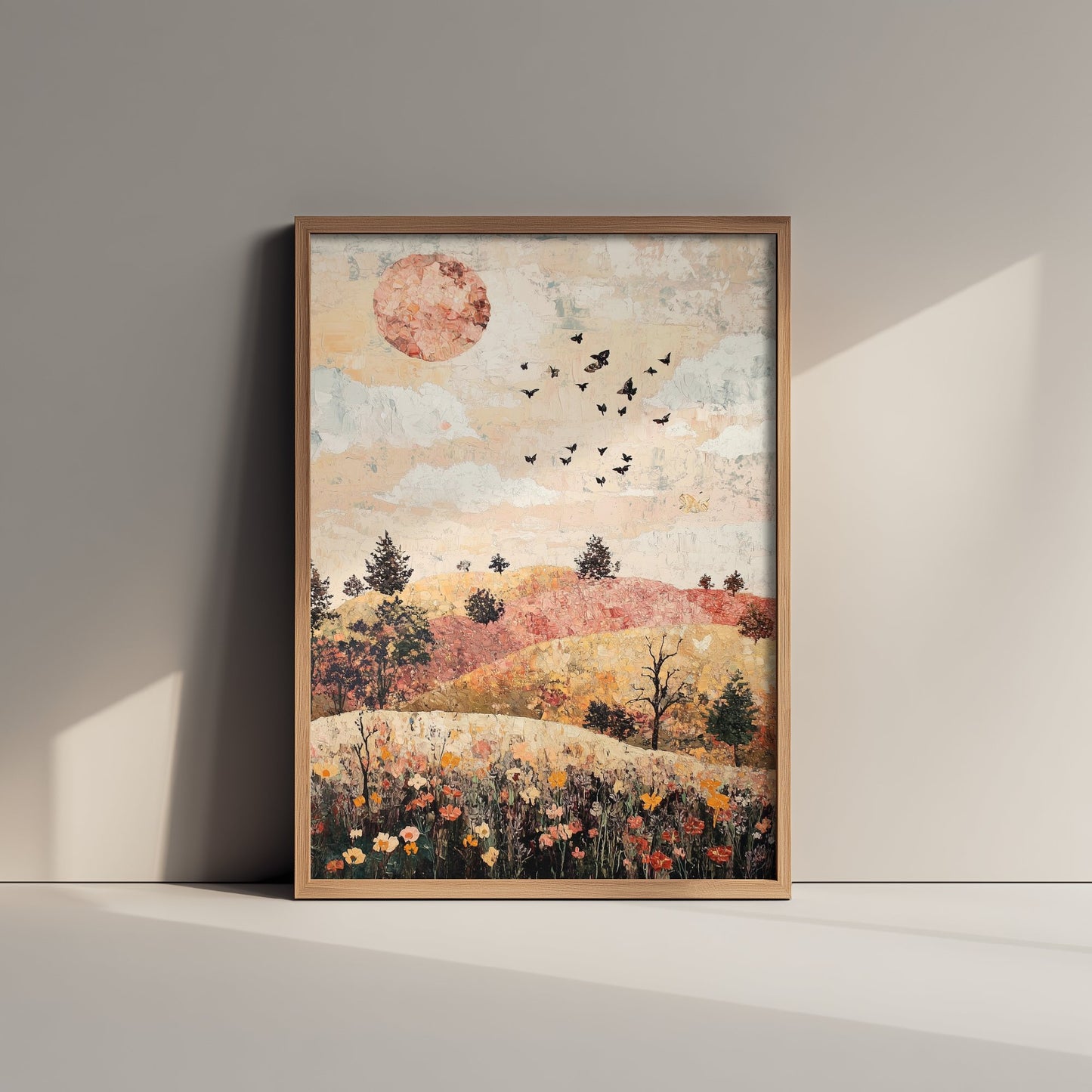 Rolling Hills Landscape Art Print - Butterfly Meadow Poster - Folk Art Painting - Moss Plum and Blush 2/3