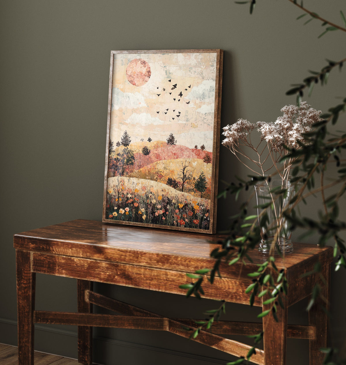 Rolling Hills Landscape Art Print - Butterfly Meadow Poster - Folk Art Painting - Moss Plum and Blush 2/3