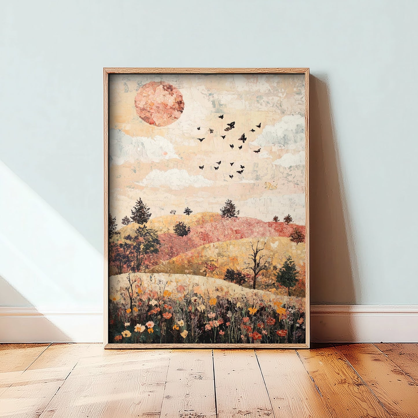 Rolling Hills Landscape Art Print - Butterfly Meadow Poster - Folk Art Painting - Moss Plum and Blush 2/3