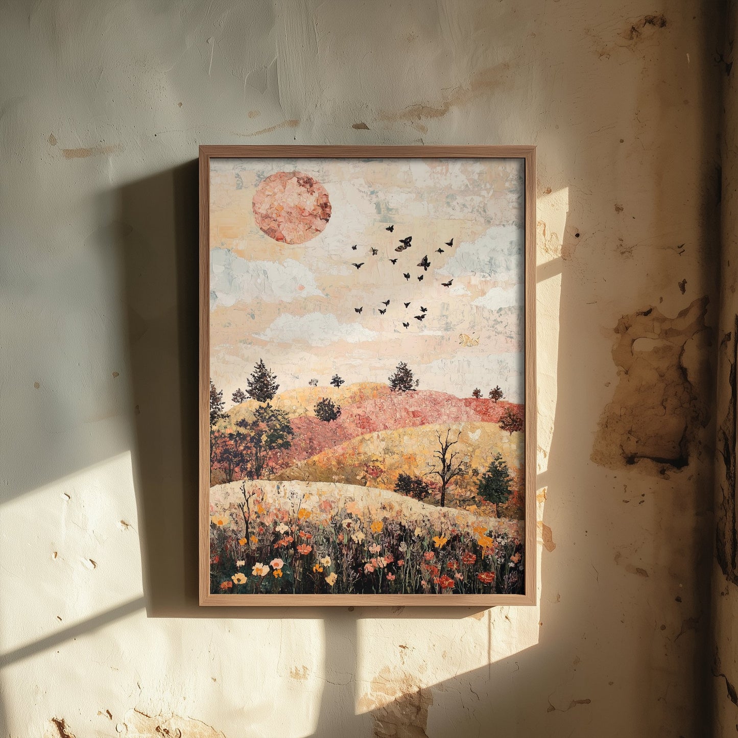 Rolling Hills Landscape Art Print - Butterfly Meadow Poster - Folk Art Painting - Moss Plum and Blush 2/3