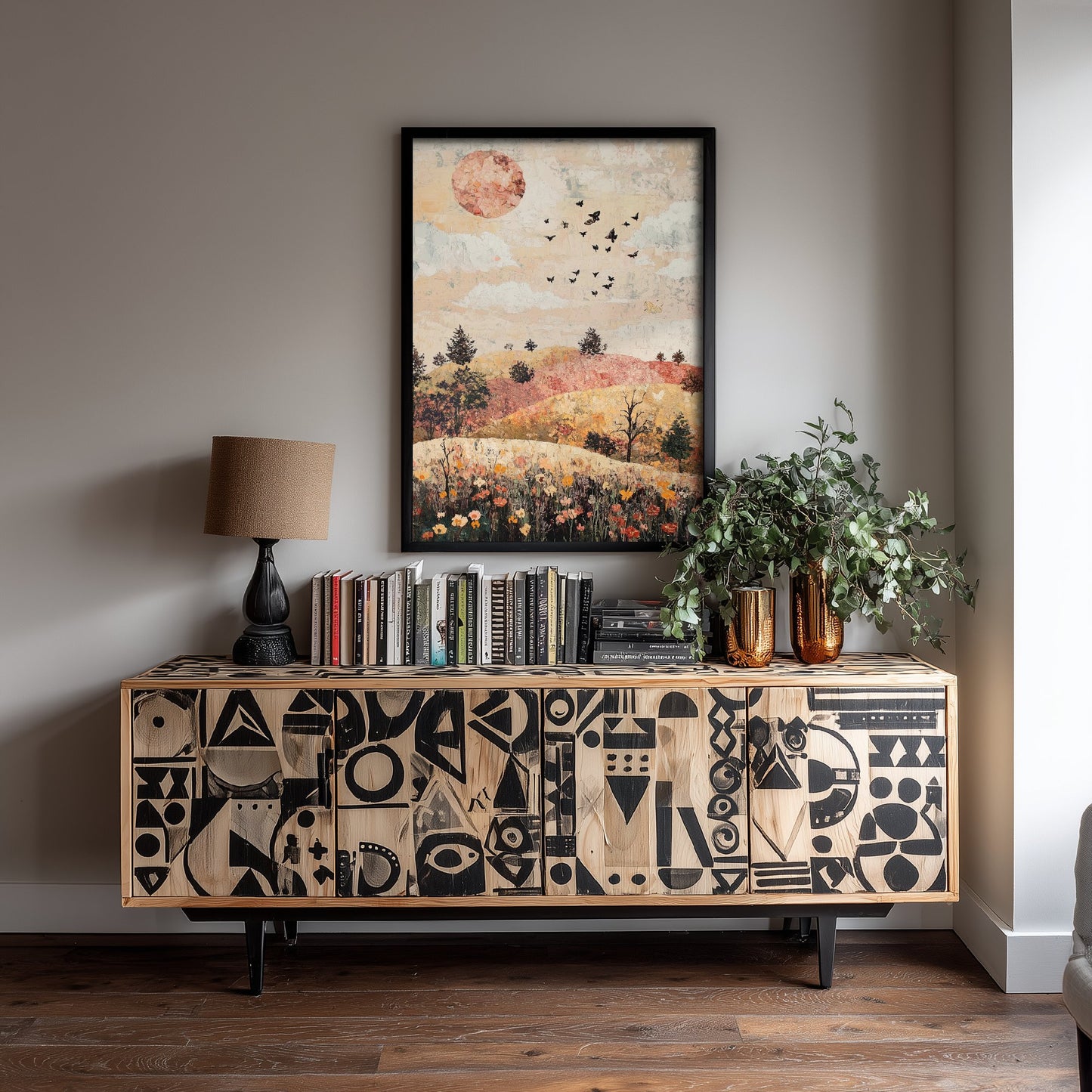 Rolling Hills Landscape Art Print - Butterfly Meadow Poster - Folk Art Painting - Moss Plum and Blush 2/3