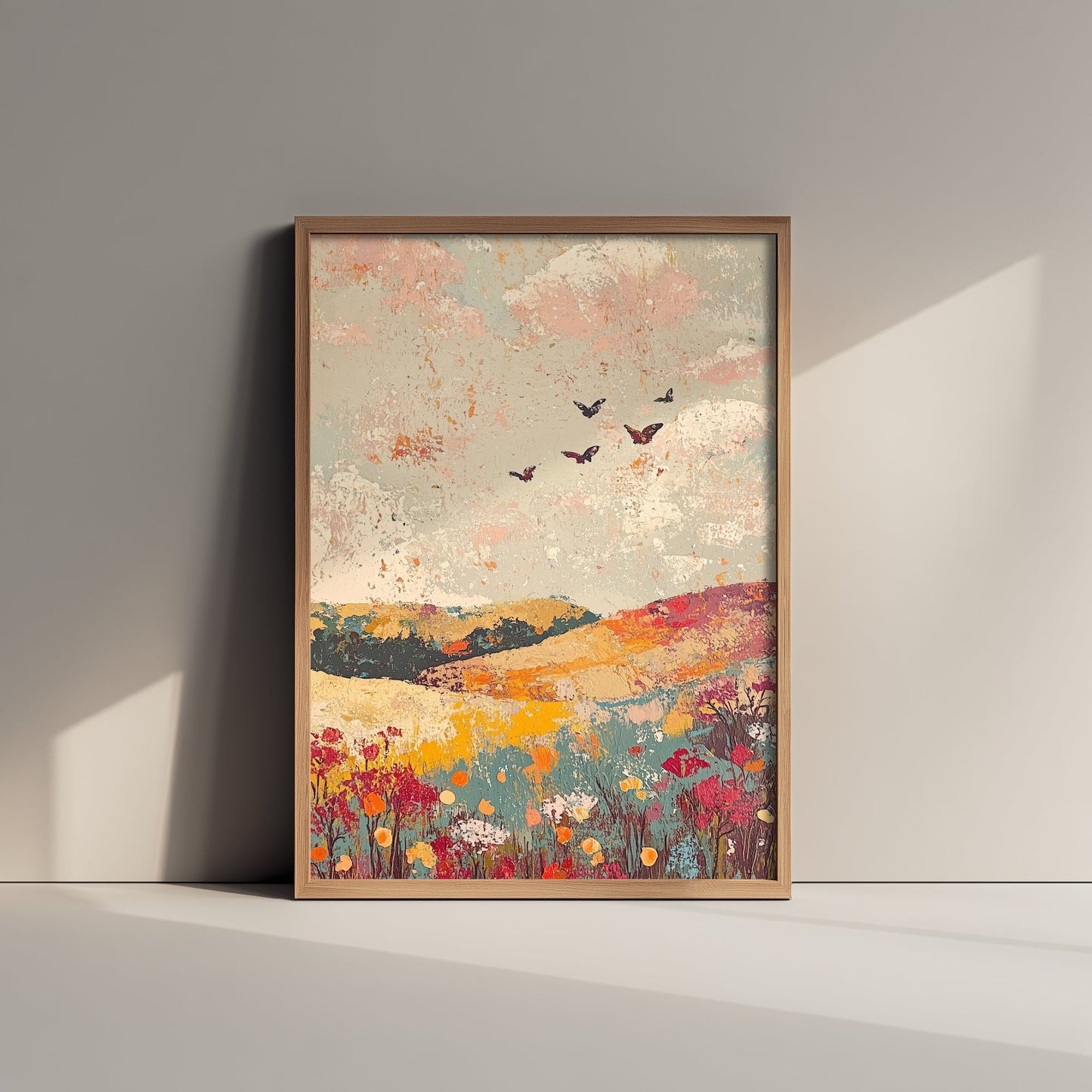 Rolling Hills Landscape Art Print - Butterfly Meadow Poster - Folk Art Painting - Moss Plum and Blush 3/3
