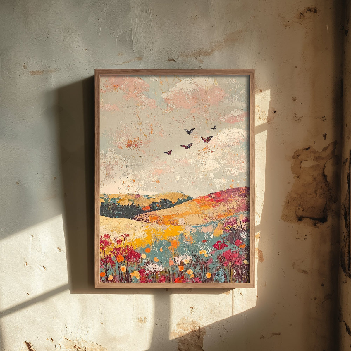 Rolling Hills Landscape Art Print - Butterfly Meadow Poster - Folk Art Painting - Moss Plum and Blush 3/3
