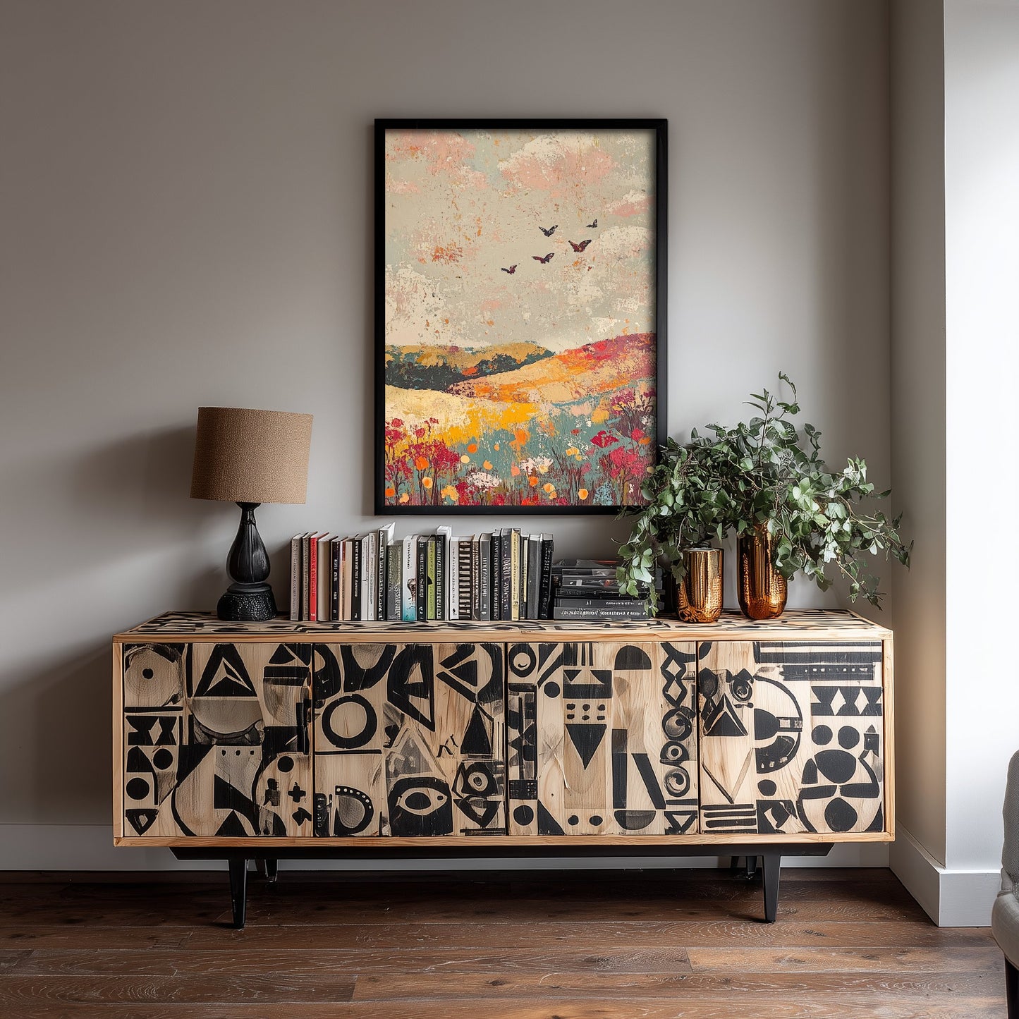 Rolling Hills Landscape Art Print - Butterfly Meadow Poster - Folk Art Painting - Moss Plum and Blush 3/3