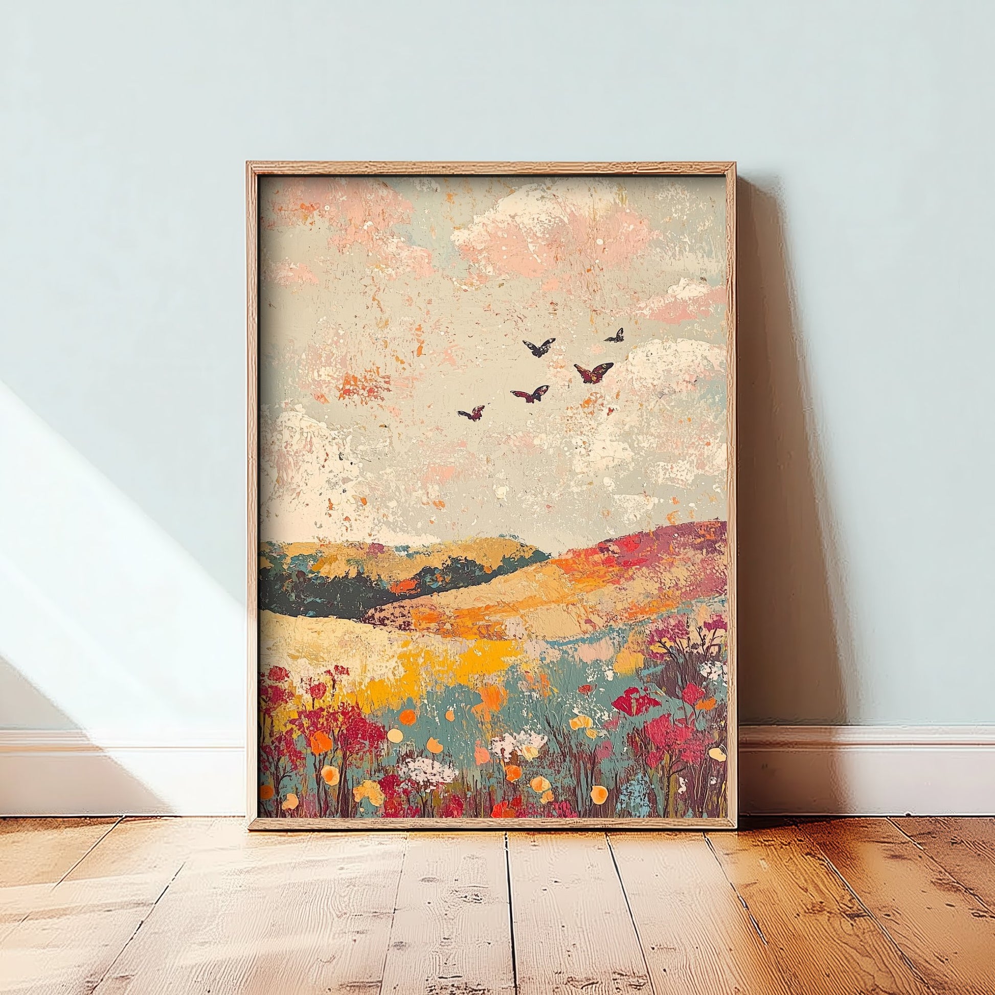Rolling Hills Landscape Art Print - Butterfly Meadow Poster - Folk Art Painting - Moss Plum and Blush 3/3