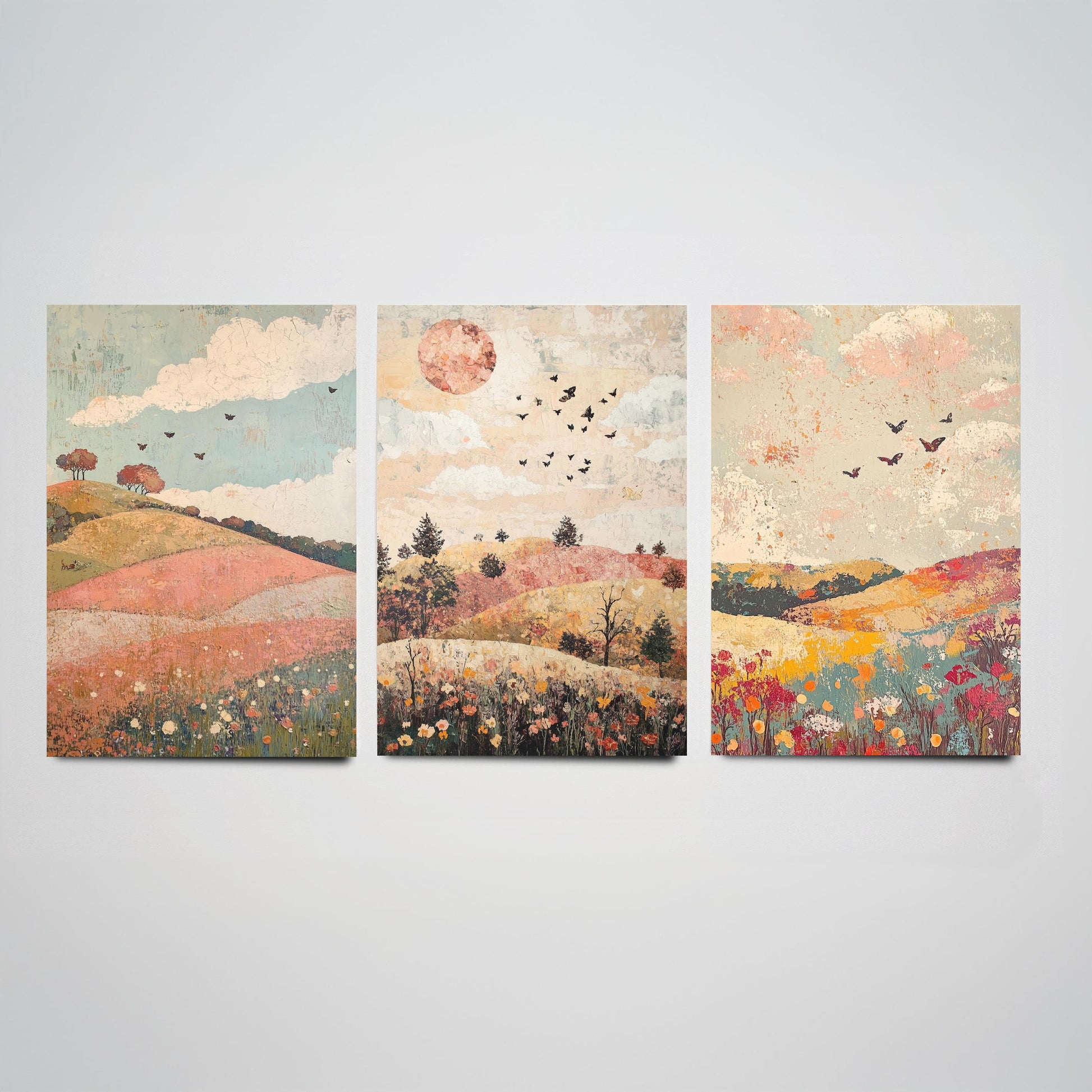 Rolling Hills Butterfly Set of Three Art Prints - Moss Plum and Blush - Folk Meadow Poster Illustration Gift