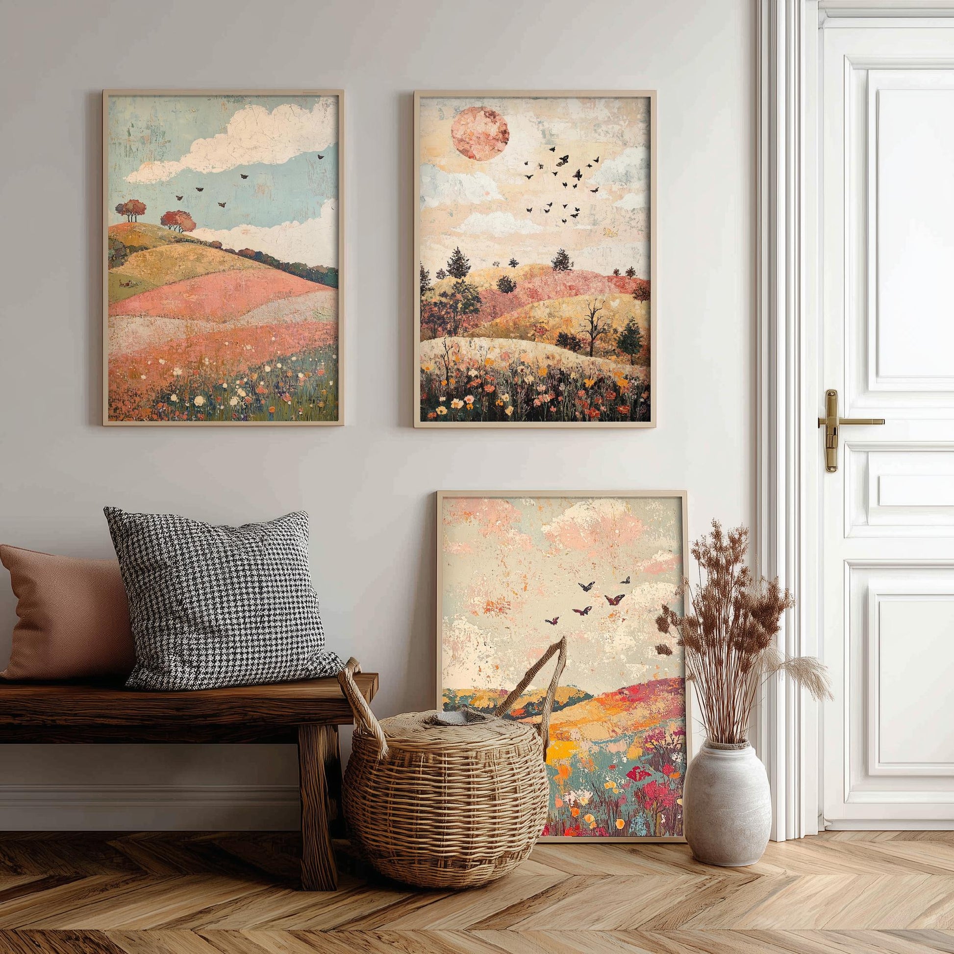 Rolling Hills Butterfly Set of Three Art Prints - Moss Plum and Blush - Folk Meadow Poster Illustration Gift