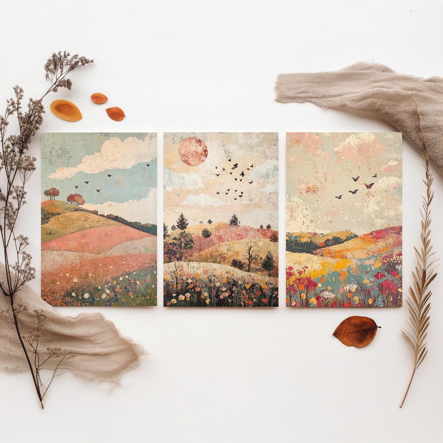 Rolling Hills Butterfly Set of Three Art Prints - Moss Plum and Blush - Folk Meadow Poster Illustration Gift