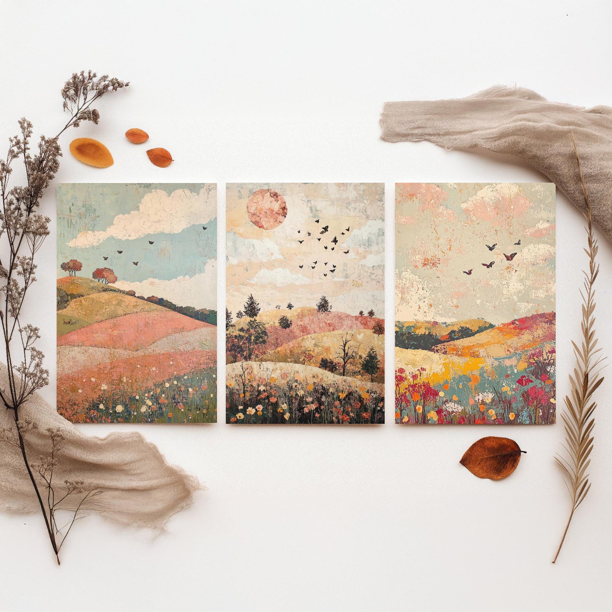 Rolling Hills Butterfly Set of Three Art Prints - Moss Plum and Blush - Folk Meadow Poster Illustration Gift