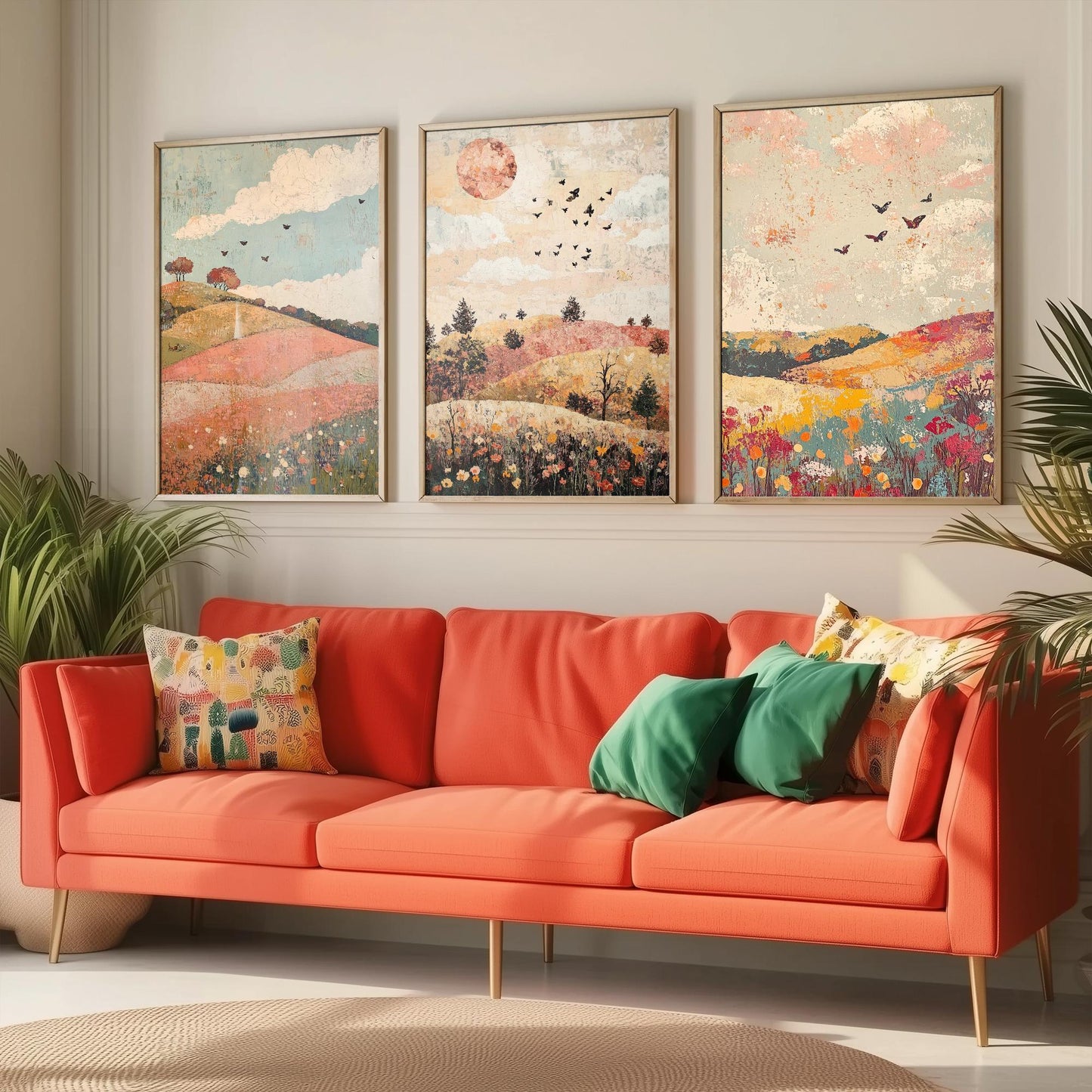 Rolling Hills Butterfly Set of Three Art Prints - Moss Plum and Blush - Folk Meadow Poster Illustration Gift