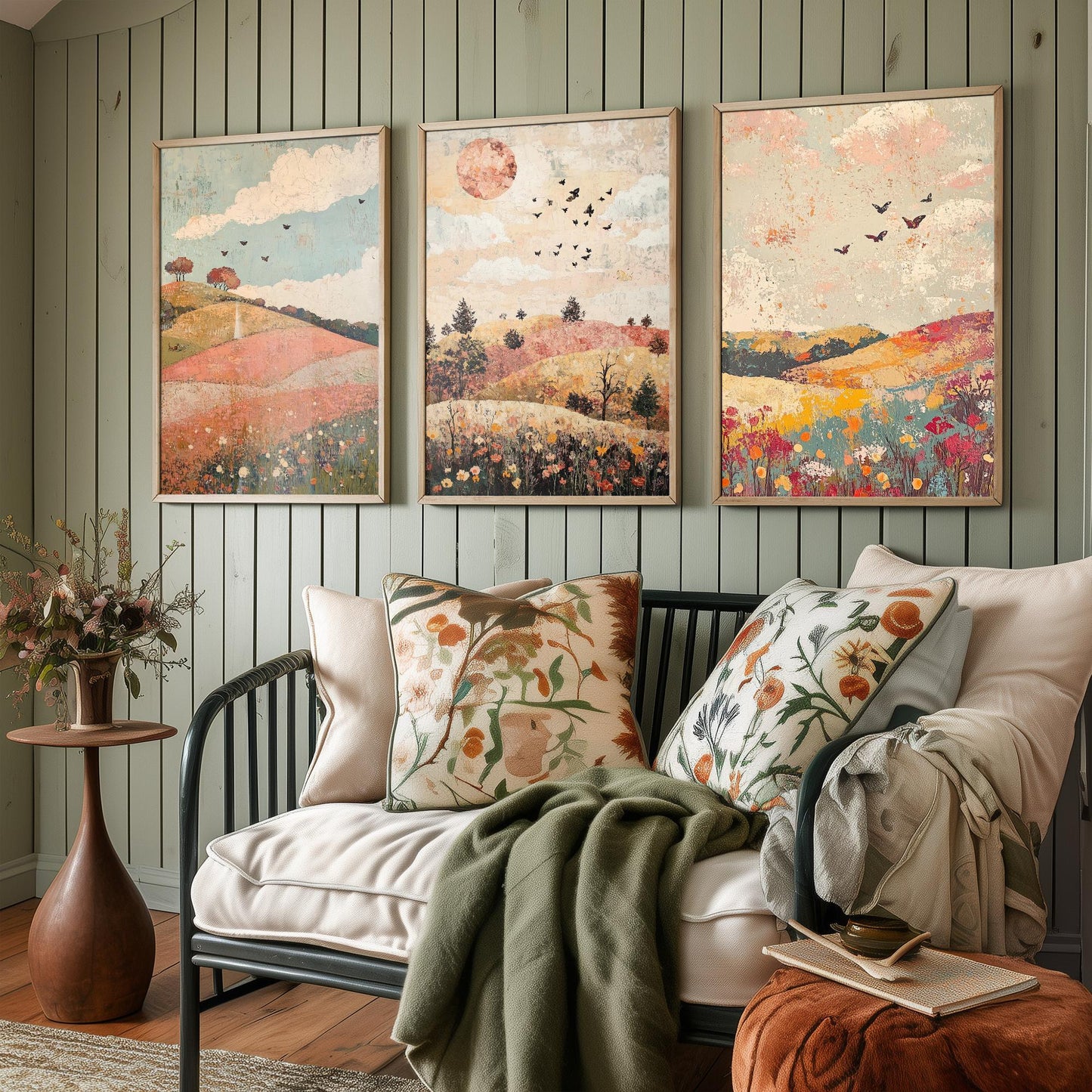 Rolling Hills Butterfly Set of Three Art Prints - Moss Plum and Blush - Folk Meadow Poster Illustration Gift