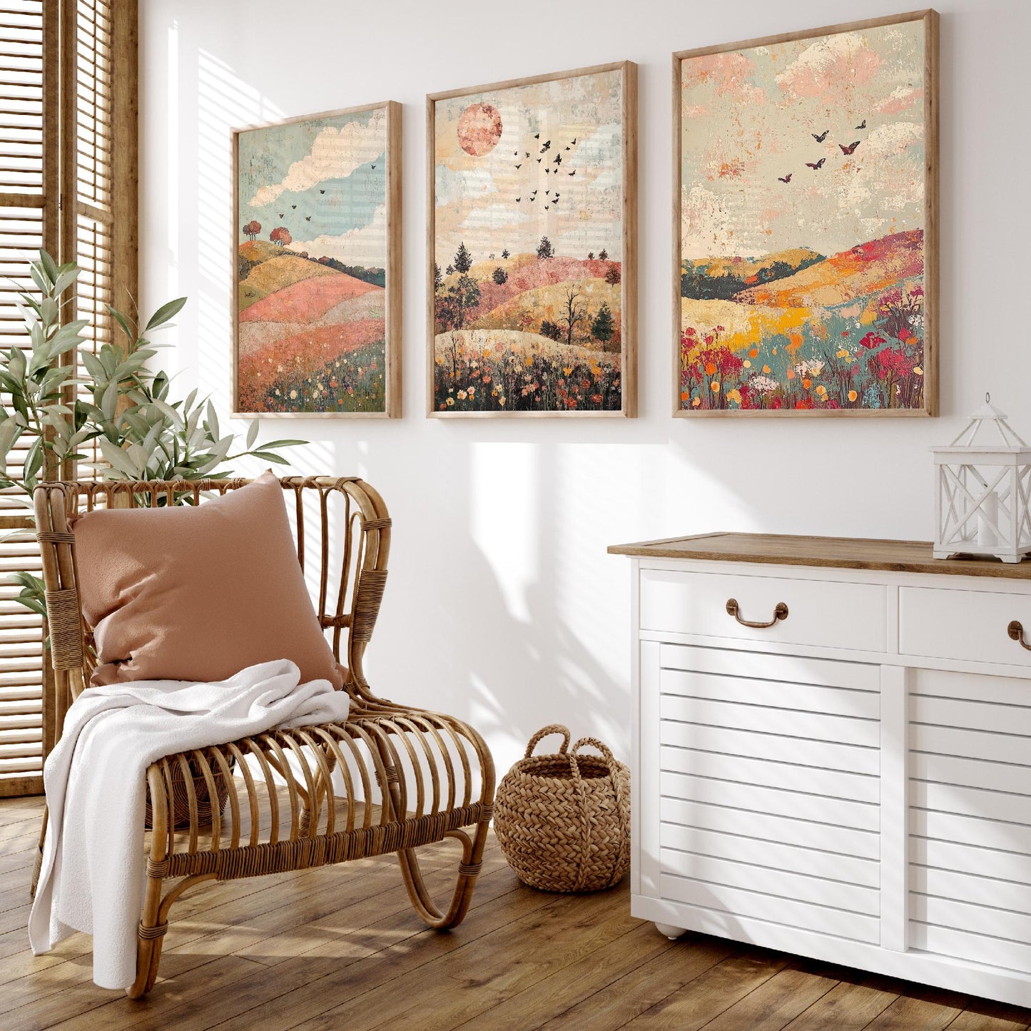 Rolling Hills Butterfly Set of Three Art Prints - Moss Plum and Blush - Folk Meadow Poster Illustration Gift
