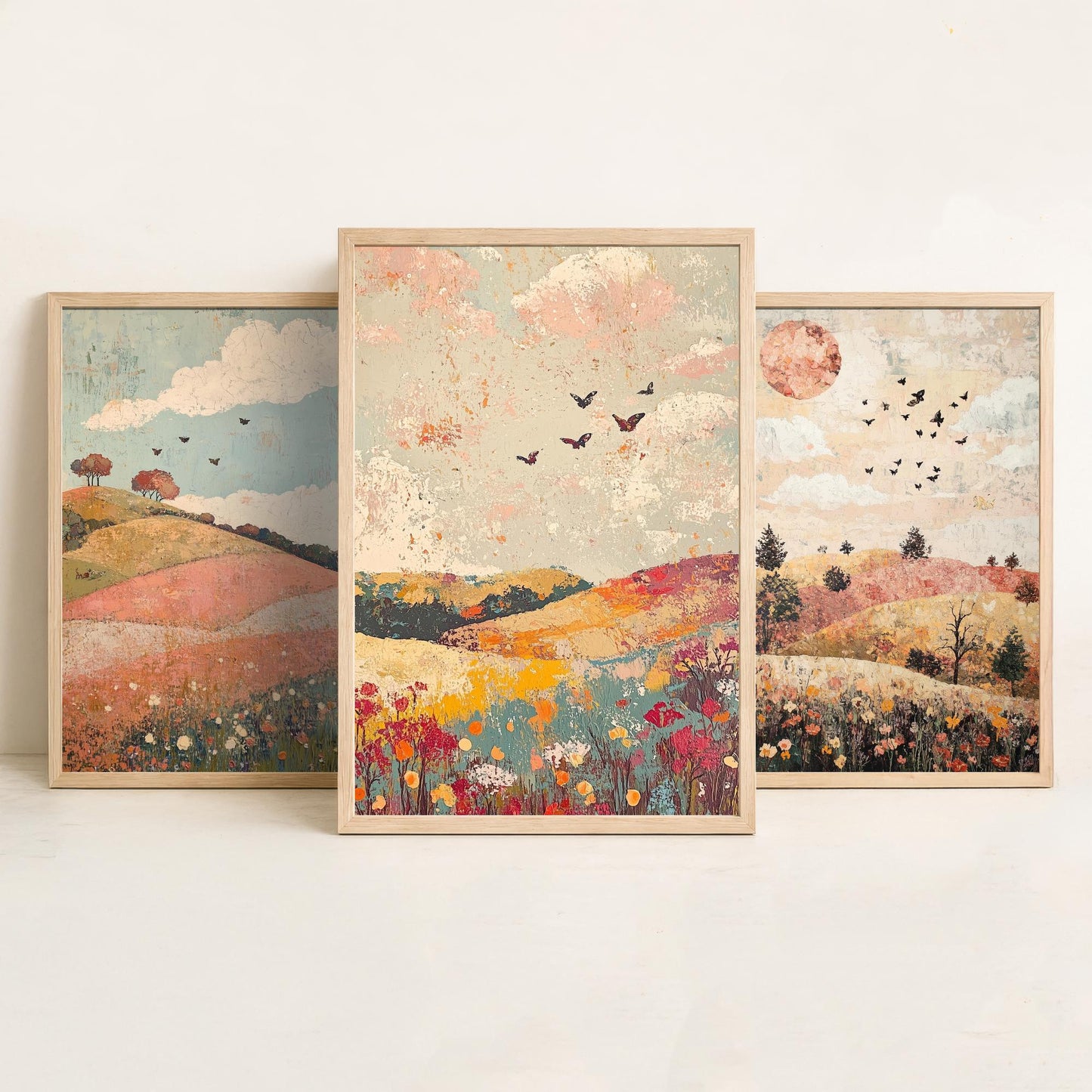 Rolling Hills Butterfly Set of Three Art Prints - Moss Plum and Blush - Folk Meadow Poster Illustration Gift