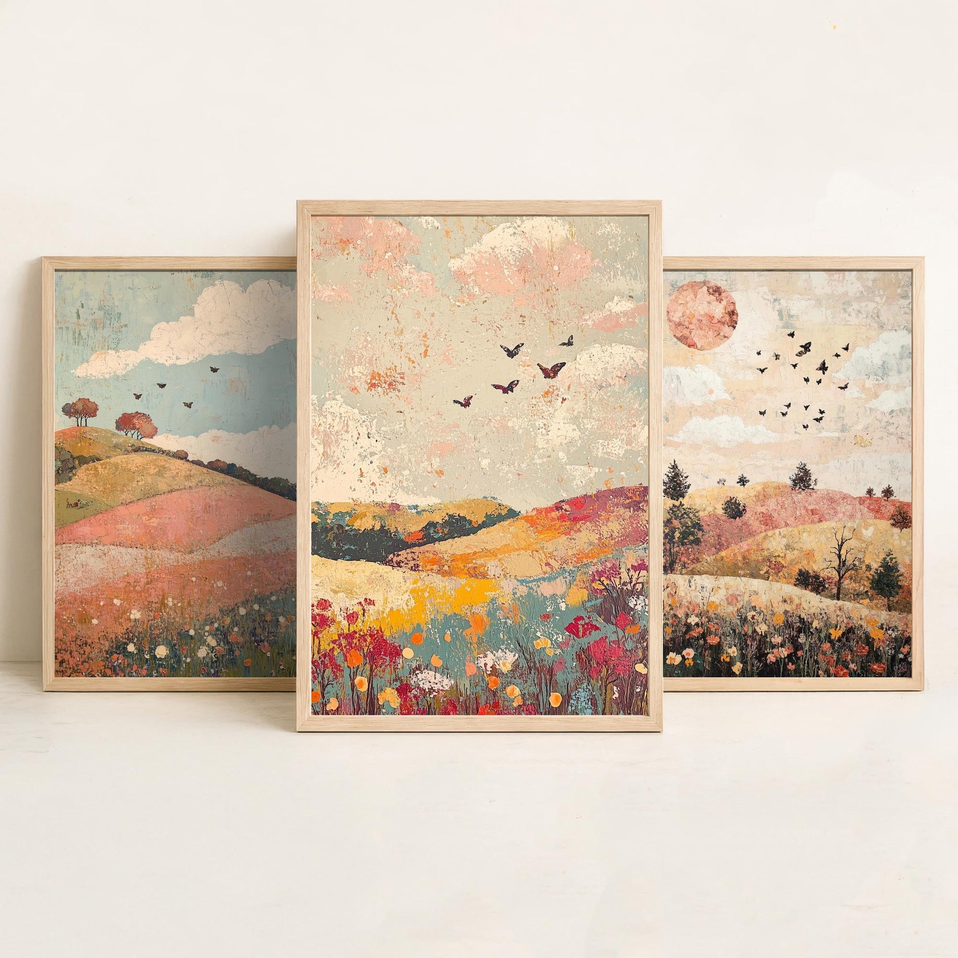 Rolling Hills Butterfly Set of Three Art Prints - Moss Plum and Blush - Folk Meadow Poster Illustration Gift