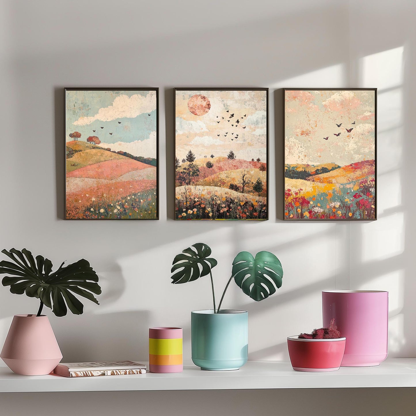 Rolling Hills Butterfly Set of Three Art Prints - Moss Plum and Blush - Folk Meadow Poster Illustration Gift