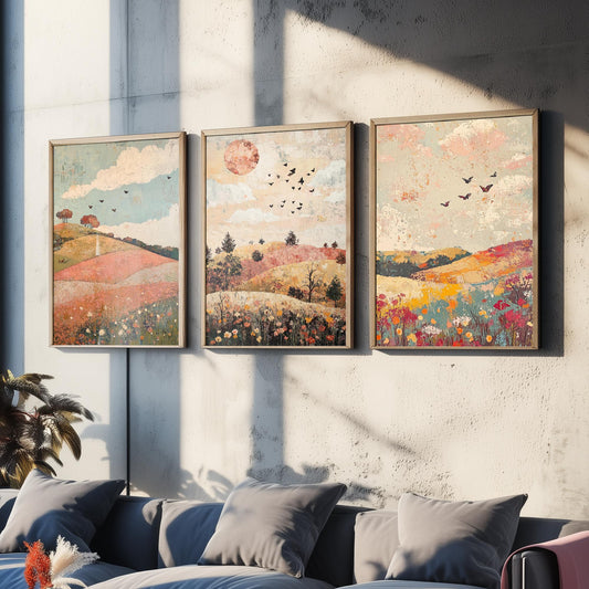 Rolling Hills Butterfly Set of Three Art Prints - Moss Plum and Blush - Folk Meadow Poster Illustration Gift