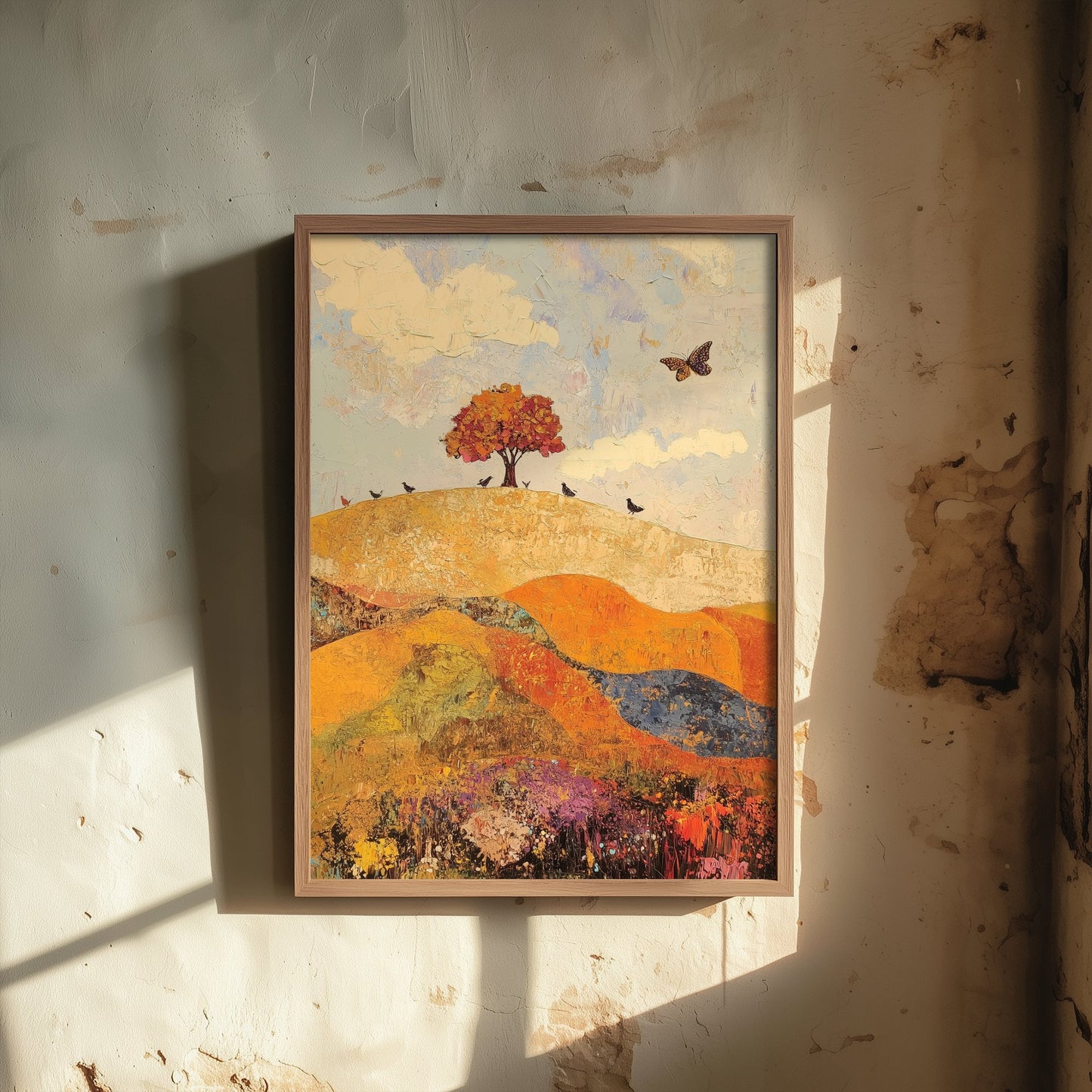 Rolling Hills Landscape Art Print - Butterfly Meadow Poster - Folk Art Painting - Mulberry Sand and Smoke 1/3
