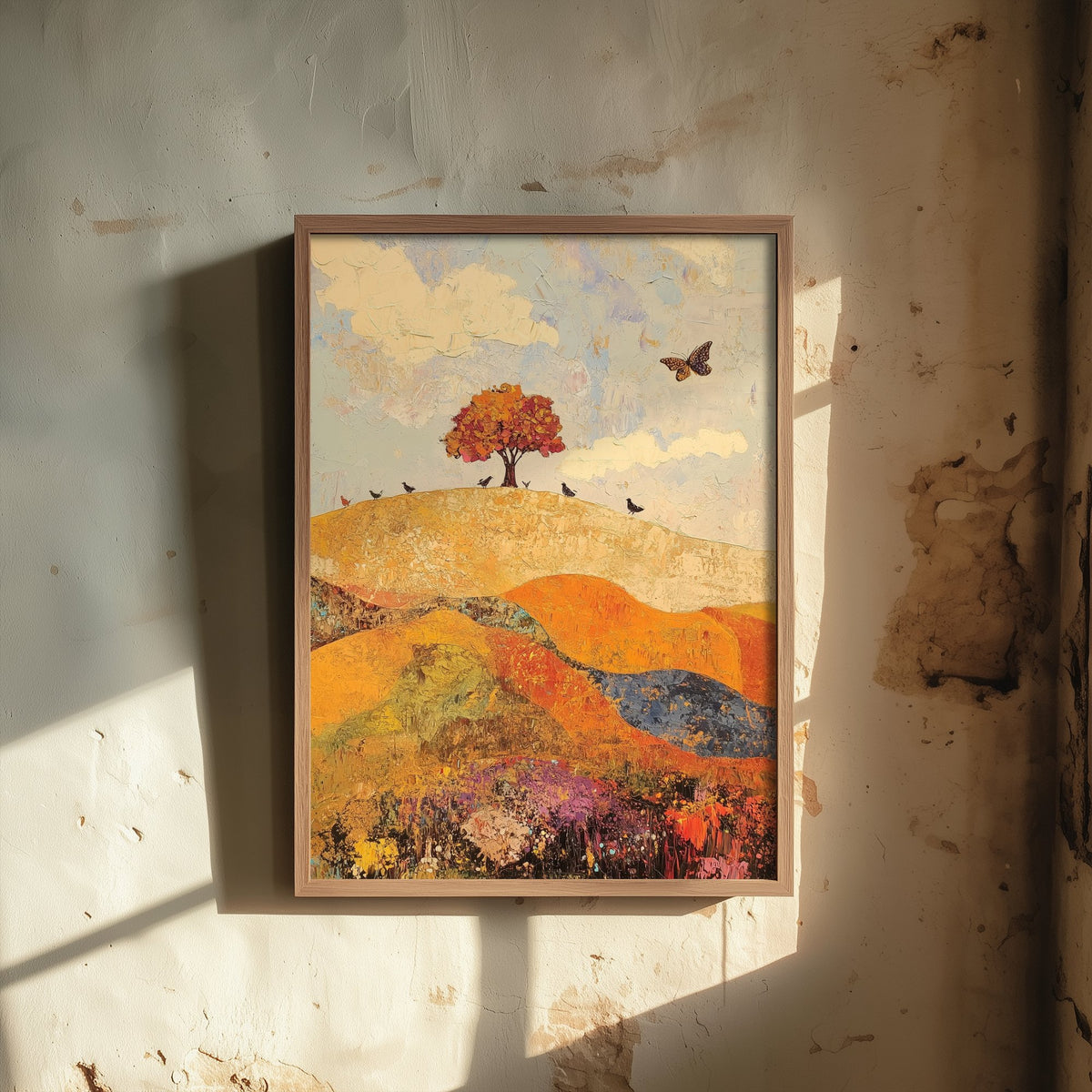 Rolling Hills Landscape Art Print - Butterfly Meadow Poster - Folk Art Painting - Mulberry Sand and Smoke 1/3