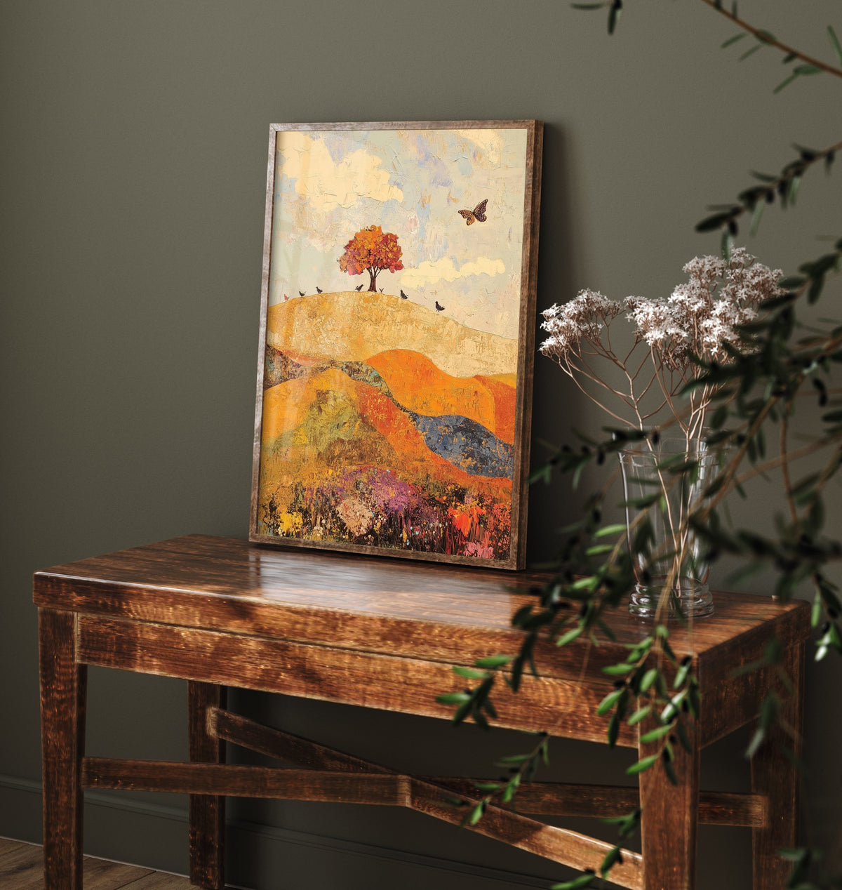 Rolling Hills Landscape Art Print - Butterfly Meadow Poster - Folk Art Painting - Mulberry Sand and Smoke 1/3