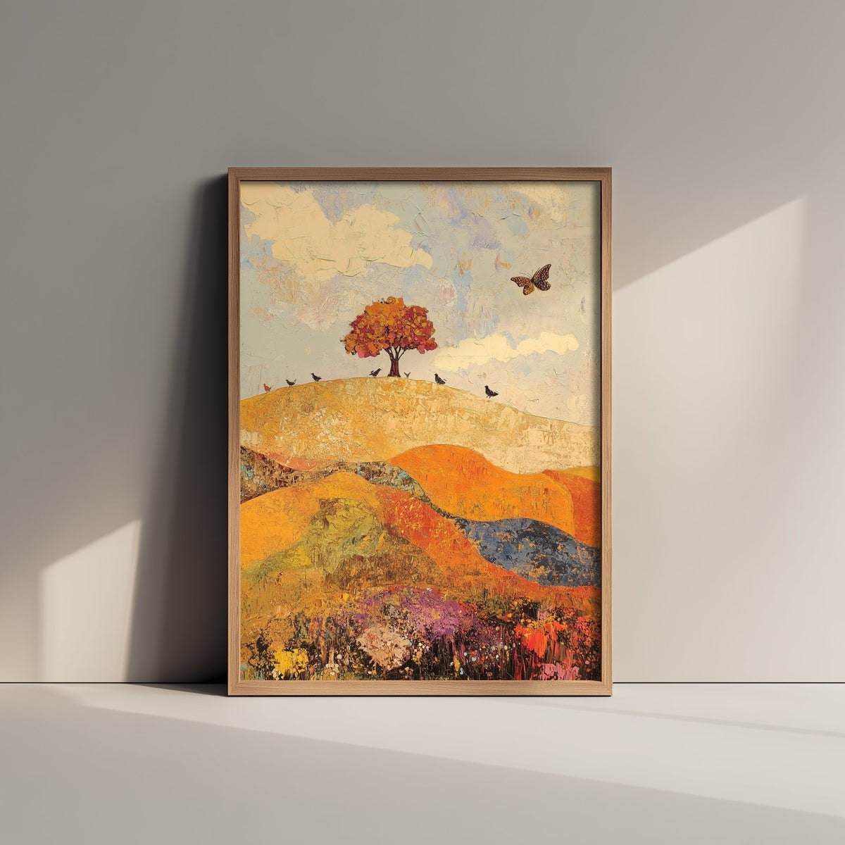 Rolling Hills Landscape Art Print - Butterfly Meadow Poster - Folk Art Painting - Mulberry Sand and Smoke 1/3