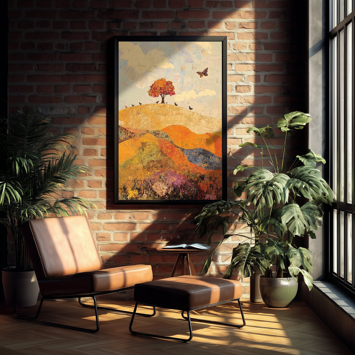 Rolling Hills Landscape Art Print - Butterfly Meadow Poster - Folk Art Painting - Mulberry Sand and Smoke 1/3