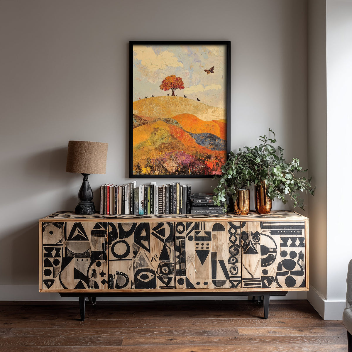 Rolling Hills Landscape Art Print - Butterfly Meadow Poster - Folk Art Painting - Mulberry Sand and Smoke 1/3