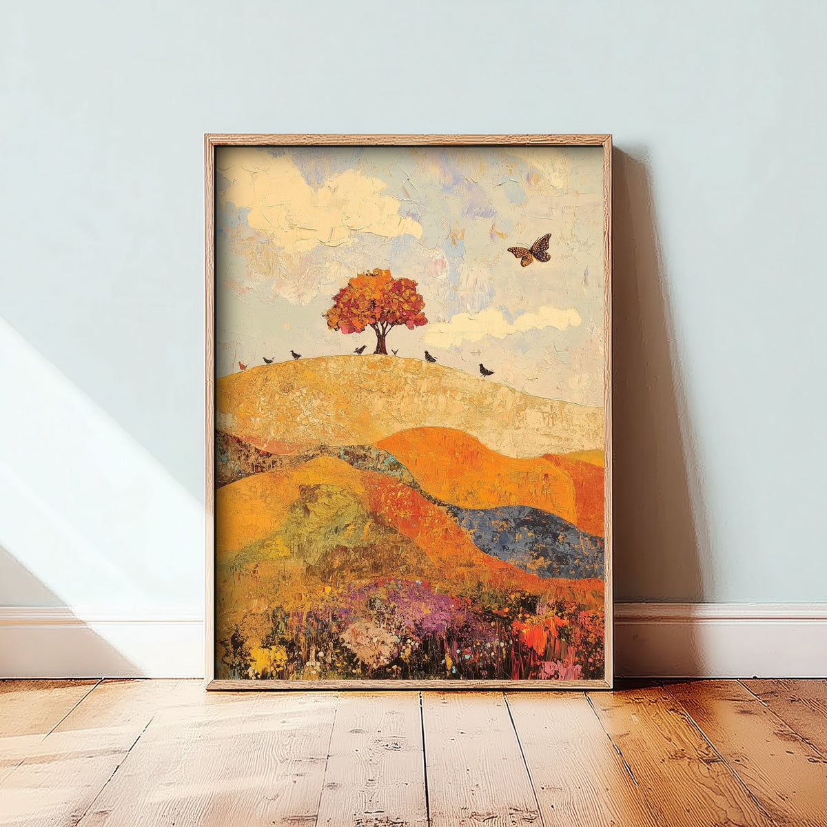 Rolling Hills Landscape Art Print - Butterfly Meadow Poster - Folk Art Painting - Mulberry Sand and Smoke 1/3