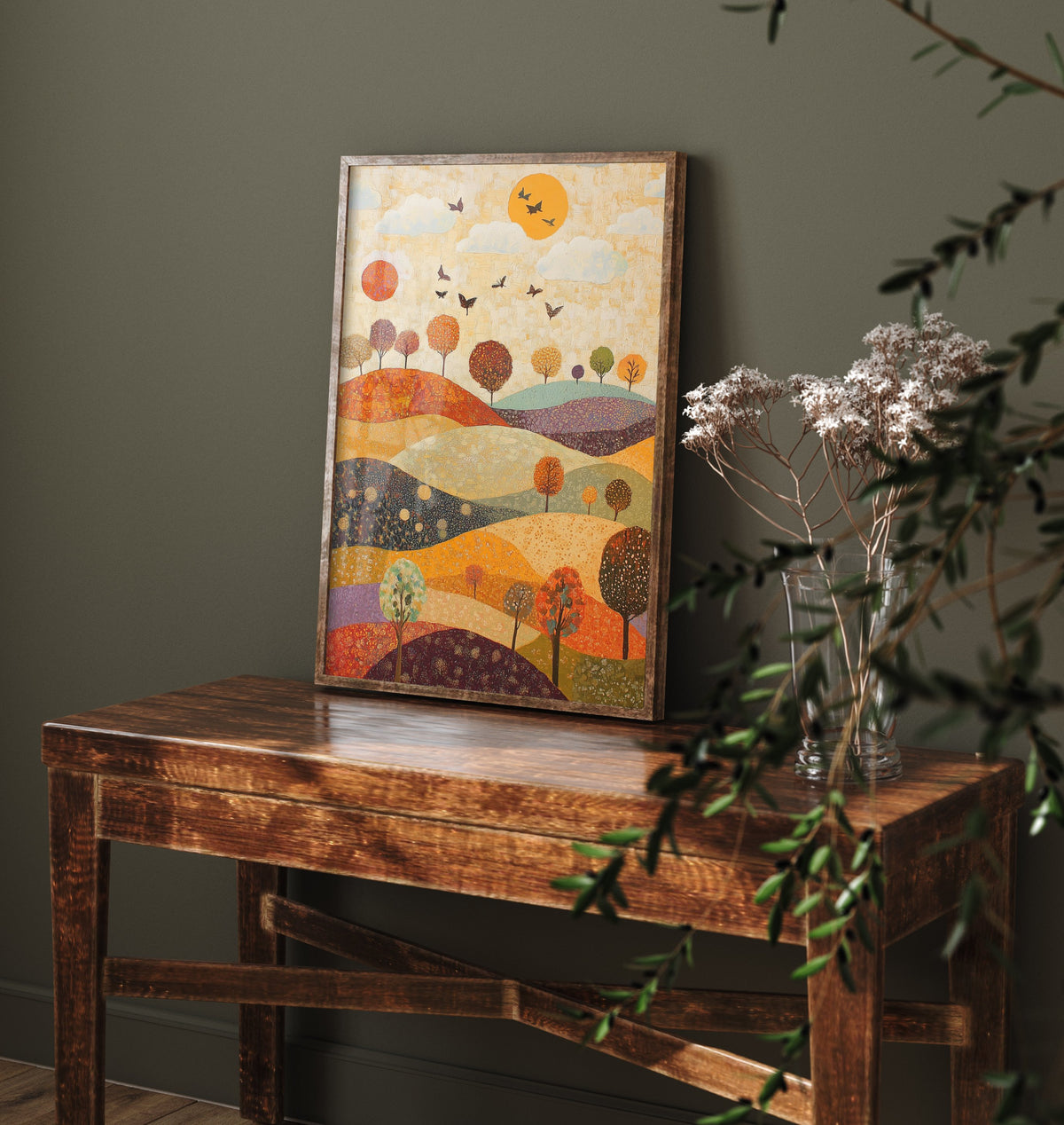 Rolling Hills Landscape Art Print - Butterfly Meadow Poster - Folk Art Painting - Mulberry Sand and Smoke 2/3