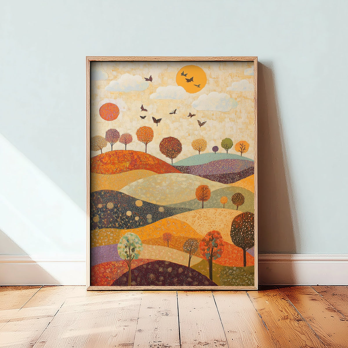 Rolling Hills Landscape Art Print - Butterfly Meadow Poster - Folk Art Painting - Mulberry Sand and Smoke 2/3