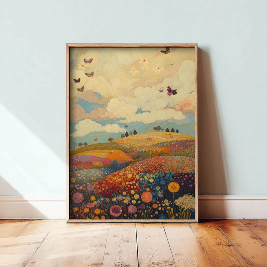 Rolling Hills Landscape Art Print - Butterfly Meadow Poster - Folk Art Painting - Mulberry Sand and Smoke 3/3