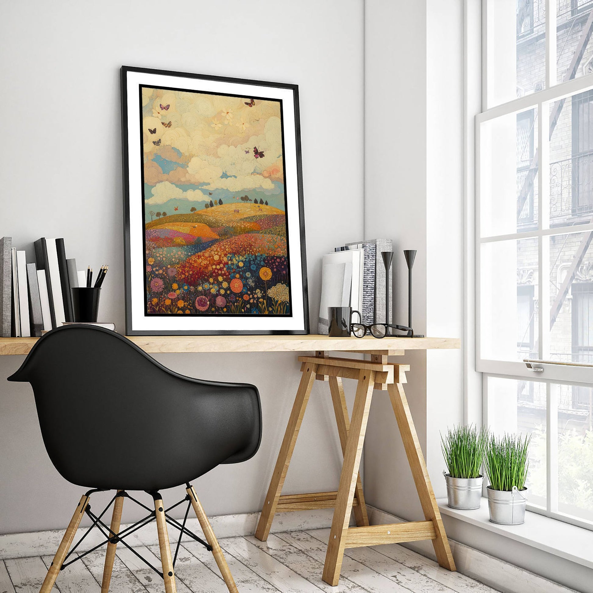 Rolling Hills Landscape Art Print - Butterfly Meadow Poster - Folk Art Painting - Mulberry Sand and Smoke 3/3