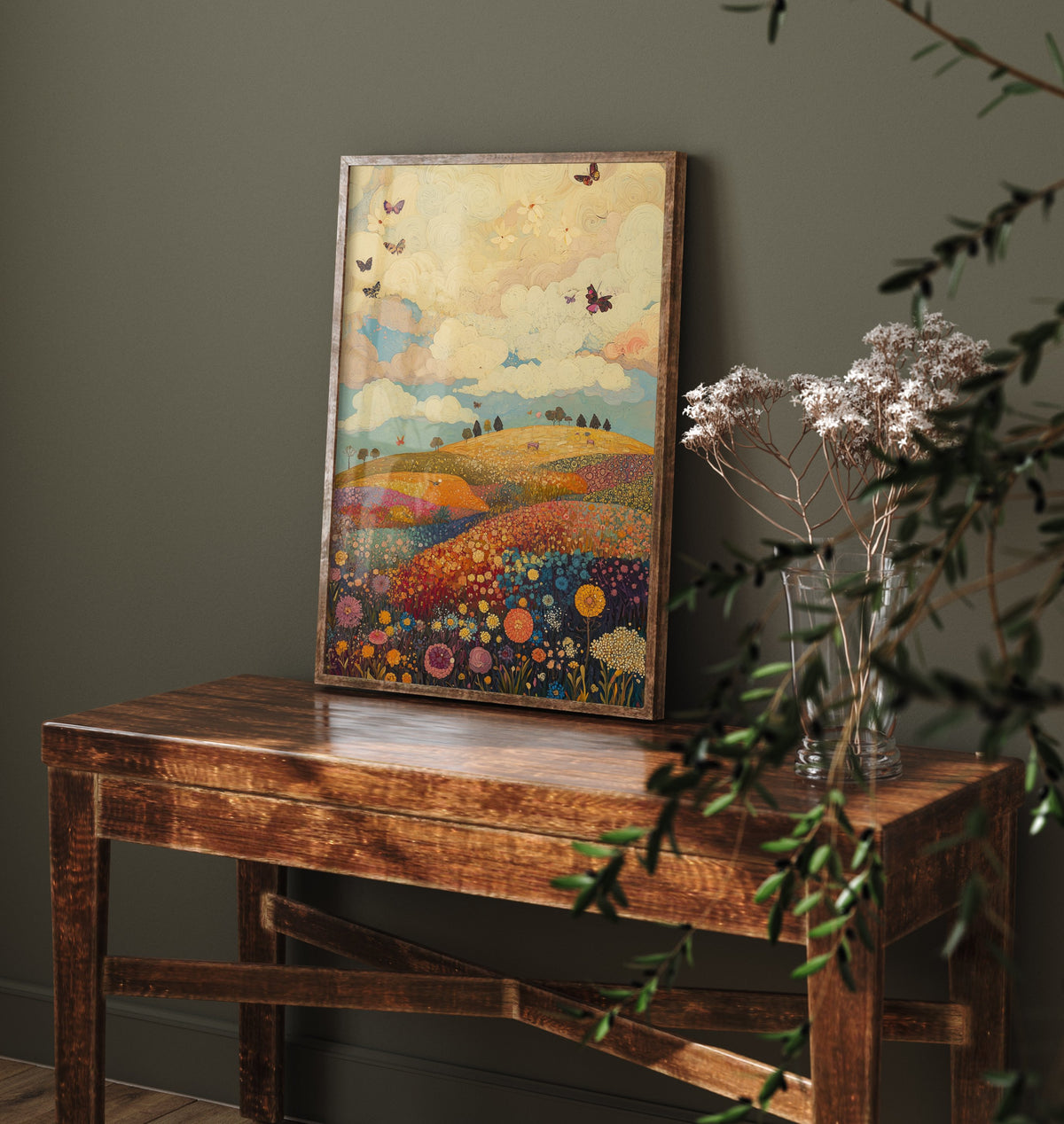 Rolling Hills Landscape Art Print - Butterfly Meadow Poster - Folk Art Painting - Mulberry Sand and Smoke 3/3