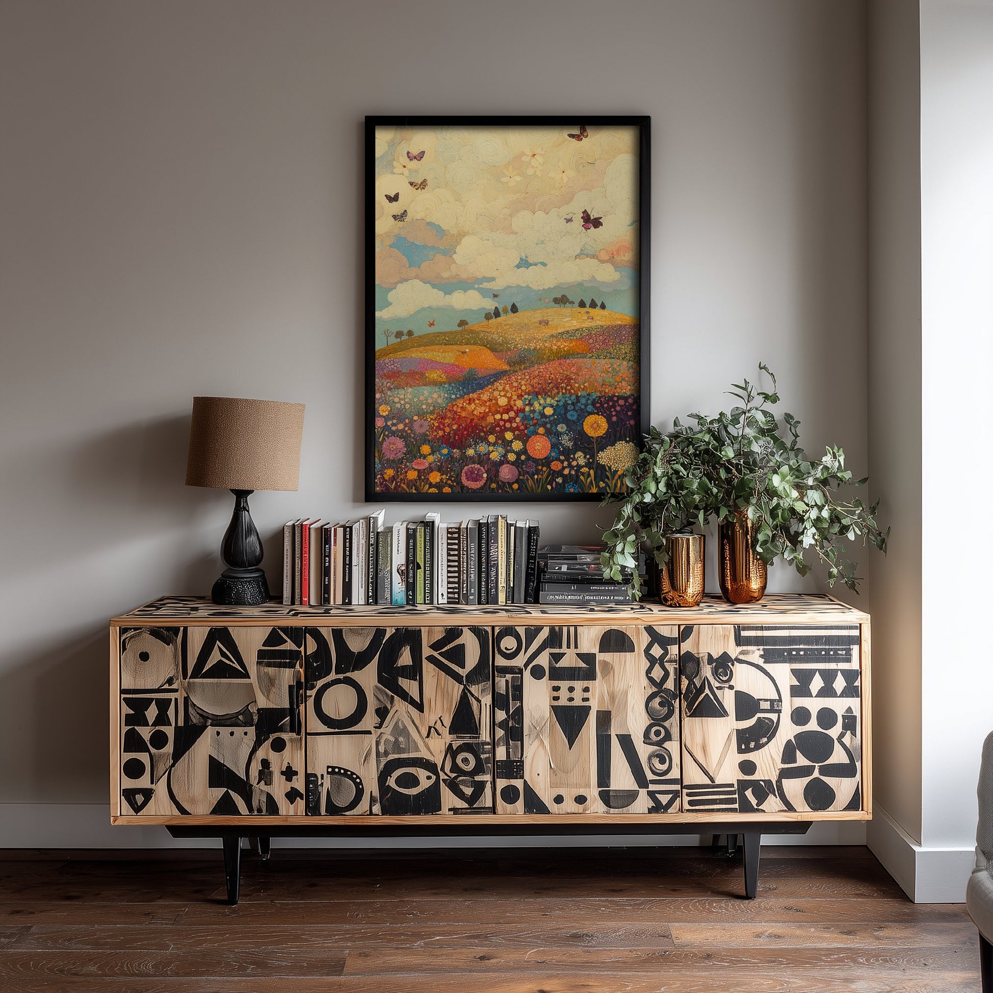 Rolling Hills Landscape Art Print - Butterfly Meadow Poster - Folk Art Painting - Mulberry Sand and Smoke 3/3
