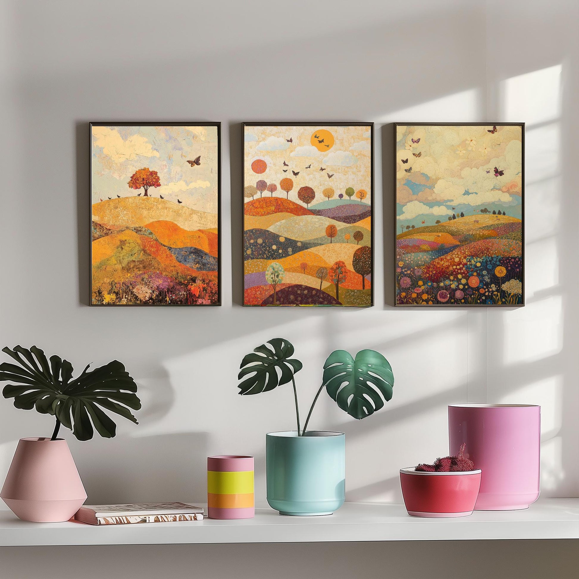 Rolling Hills Butterfly Set of Three Art Prints - Mulberry Sand and Smoke - Folk Meadow Poster Illustration Gift