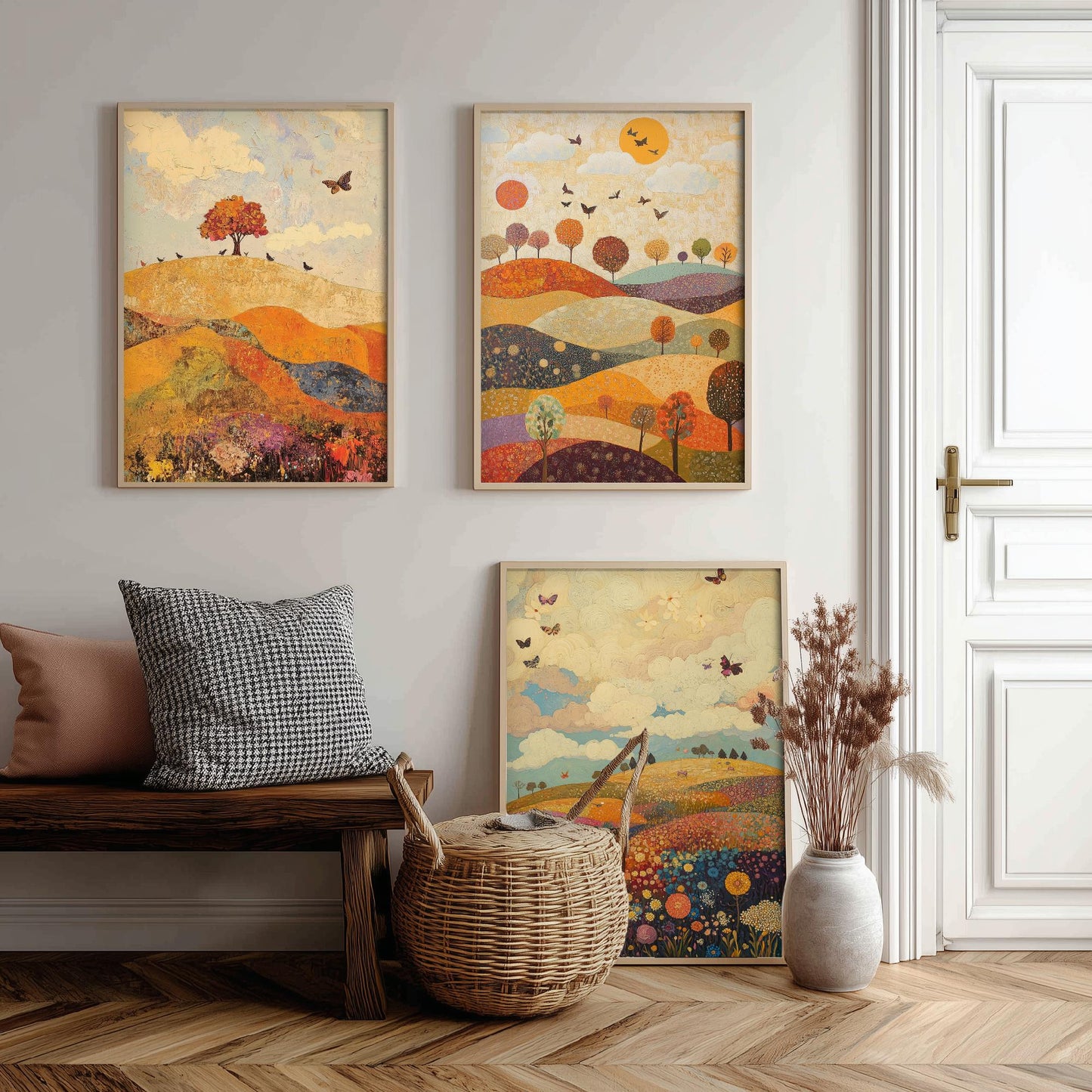 Rolling Hills Butterfly Set of Three Art Prints - Mulberry Sand and Smoke - Folk Meadow Poster Illustration Gift