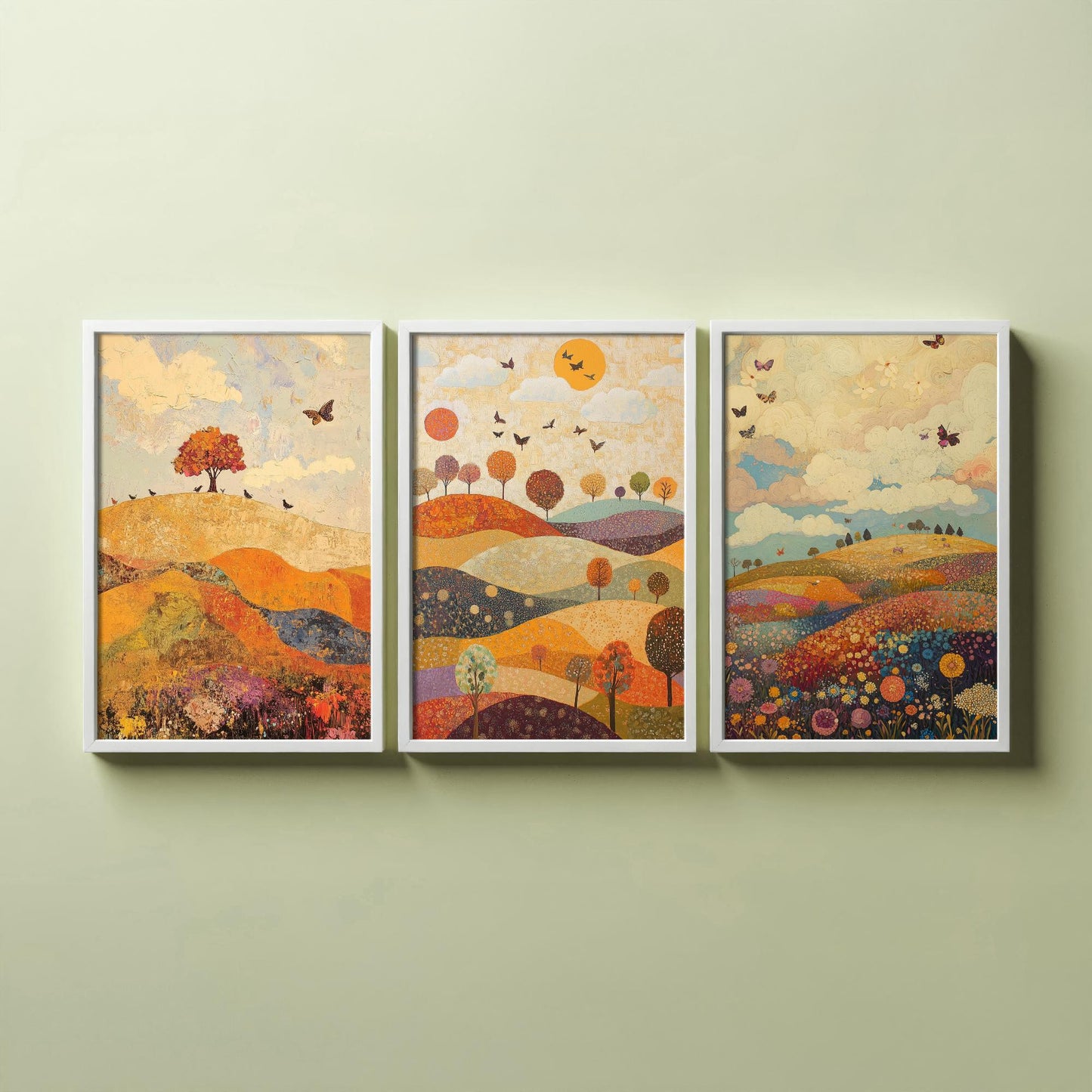 Rolling Hills Butterfly Set of Three Art Prints - Mulberry Sand and Smoke - Folk Meadow Poster Illustration Gift