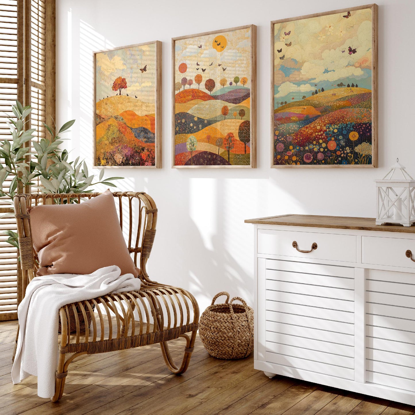 Rolling Hills Butterfly Set of Three Art Prints - Mulberry Sand and Smoke - Folk Meadow Poster Illustration Gift