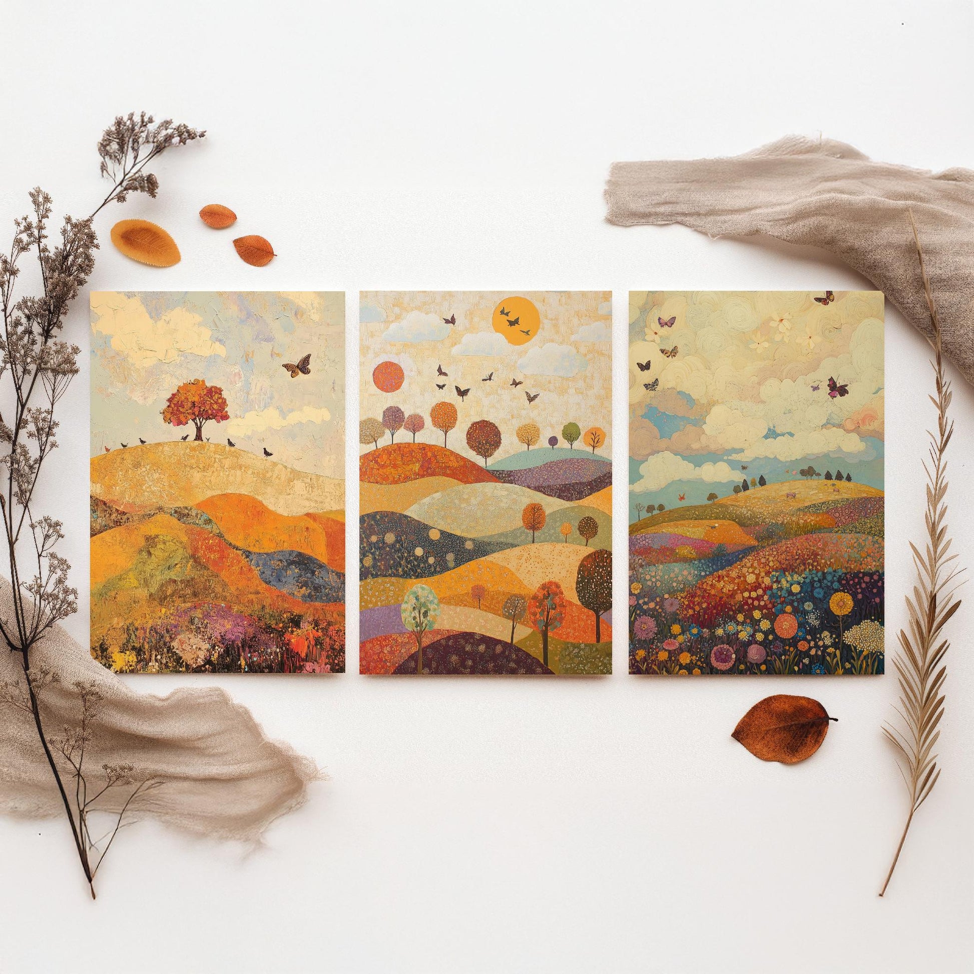 Rolling Hills Butterfly Set of Three Art Prints - Mulberry Sand and Smoke - Folk Meadow Poster Illustration Gift