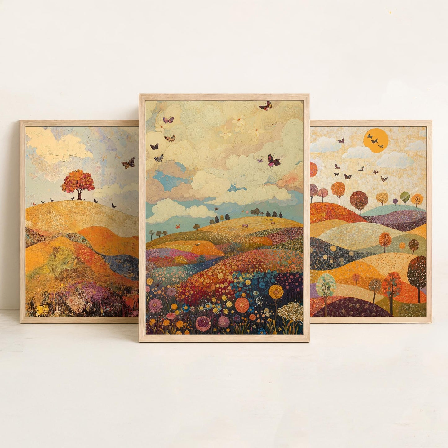 Rolling Hills Butterfly Set of Three Art Prints - Mulberry Sand and Smoke - Folk Meadow Poster Illustration Gift