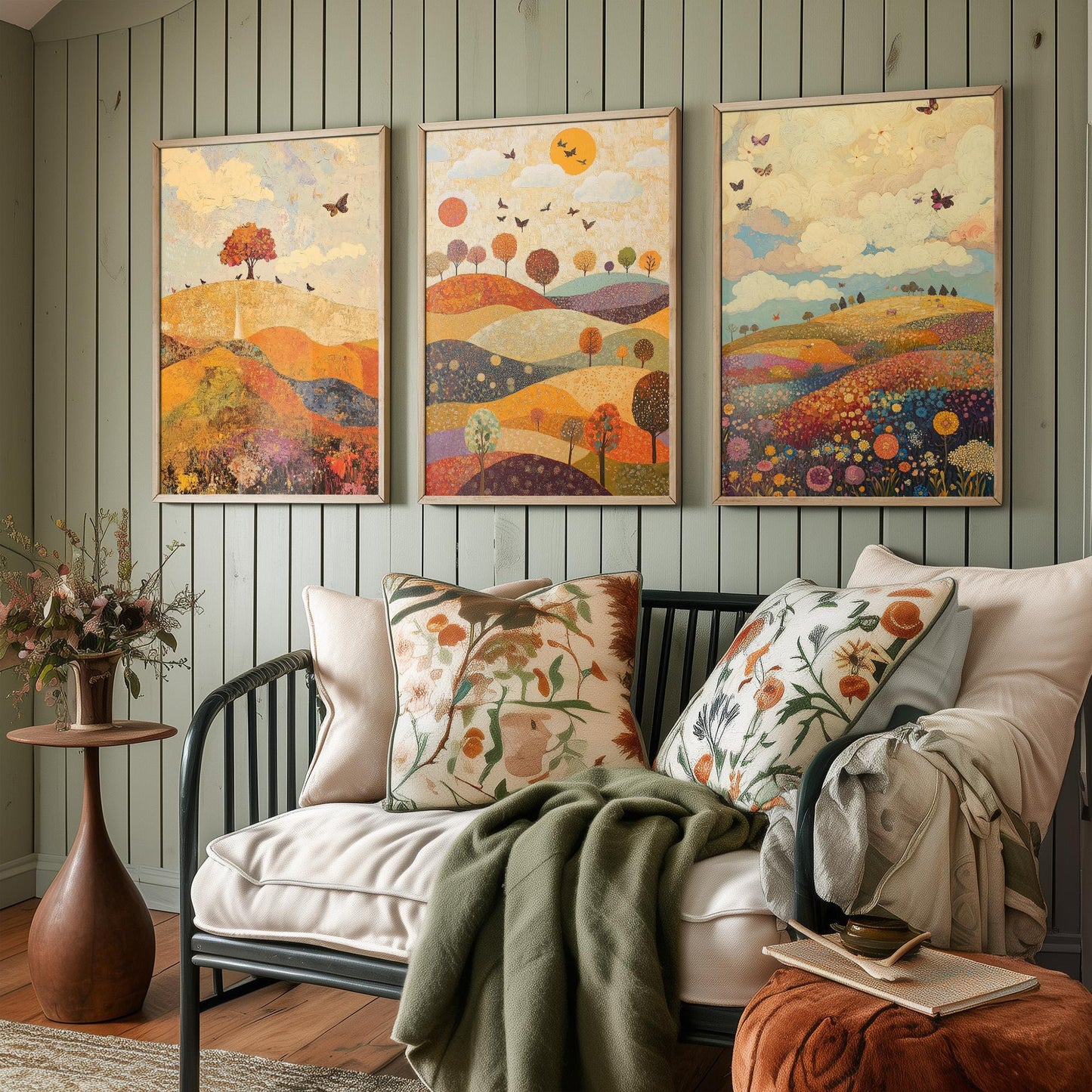 Rolling Hills Butterfly Set of Three Art Prints - Mulberry Sand and Smoke - Folk Meadow Poster Illustration Gift