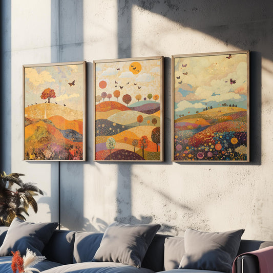 Rolling Hills Butterfly Set of Three Art Prints - Mulberry Sand and Smoke - Folk Meadow Poster Illustration Gift