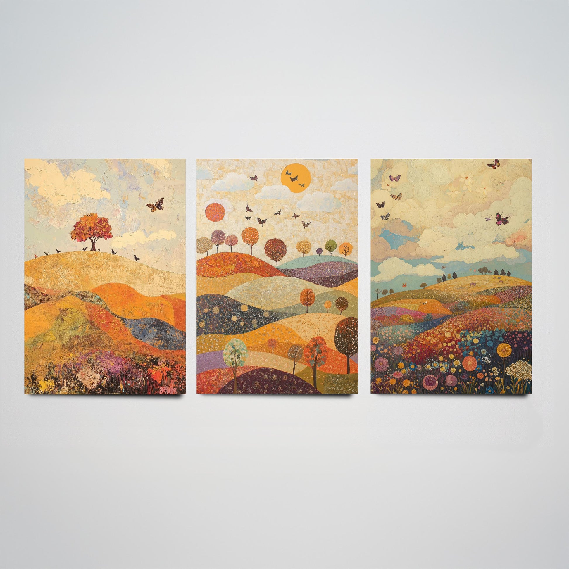 Rolling Hills Butterfly Set of Three Art Prints - Mulberry Sand and Smoke - Folk Meadow Poster Illustration Gift