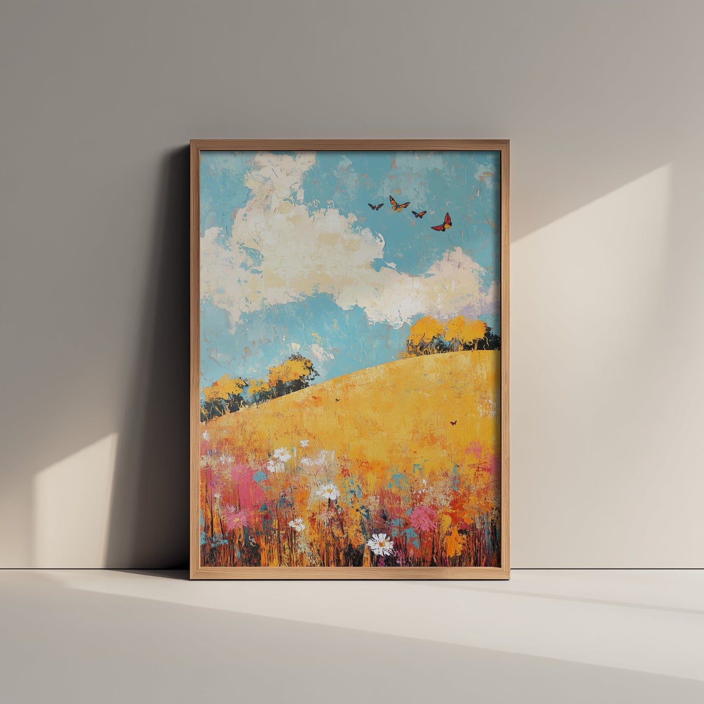 Rolling Hills Landscape Art Print - Butterfly Meadow Poster - Folk Art Painting - Mustard Cyan and Drift 1/3