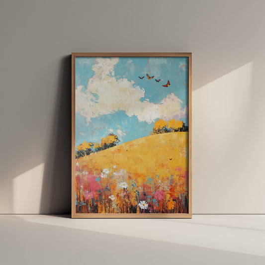 Rolling Hills Landscape Art Print - Butterfly Meadow Poster - Folk Art Painting - Mustard Cyan and Drift 1/3