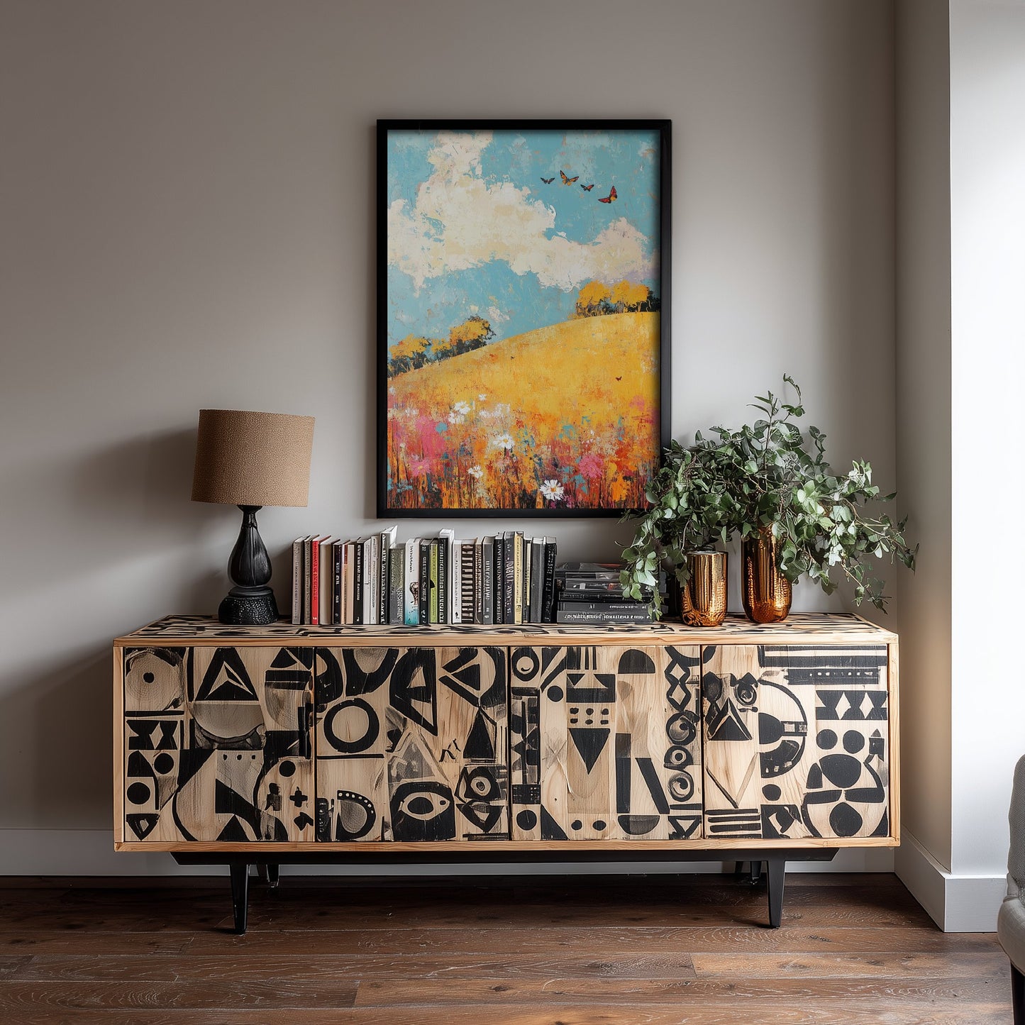 Rolling Hills Landscape Art Print - Butterfly Meadow Poster - Folk Art Painting - Mustard Cyan and Drift 1/3