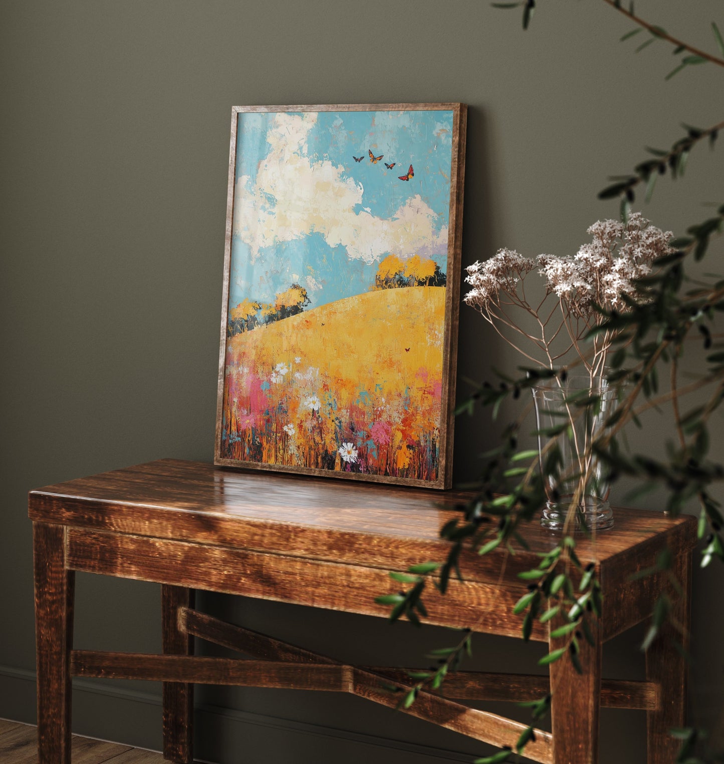 Rolling Hills Landscape Art Print - Butterfly Meadow Poster - Folk Art Painting - Mustard Cyan and Drift 1/3